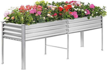 Land Guard Galvanized Raised Garden Bed with Legs, 96×24×32in Raised Garden Beds Outdoor with Drainage Holes, Planter Boxes Outdoor for Backyard, Patio, Balcony, 1200lb Capacity, Silver
