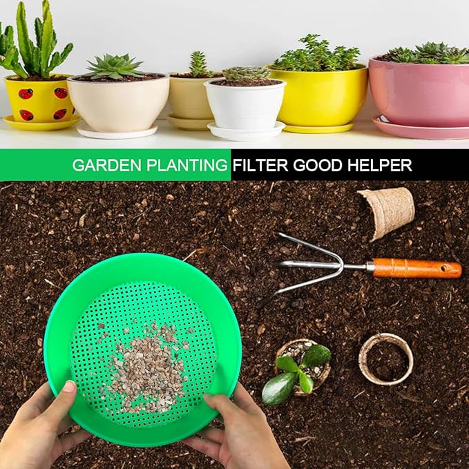 2Pcs Round Garden Soil Sieve Pan Plastic Sand Sifter Set for Sieve Work of Small Gravel, Soil, Sand（Green）