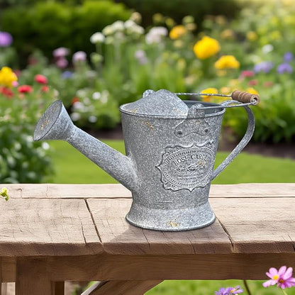 Vintage Metal Watering Can with Wooden Handle, Watering Can for Indoor/Outdoor Plants, Shabby Chic Decor for Home Balcony Courtyard Garden Gray