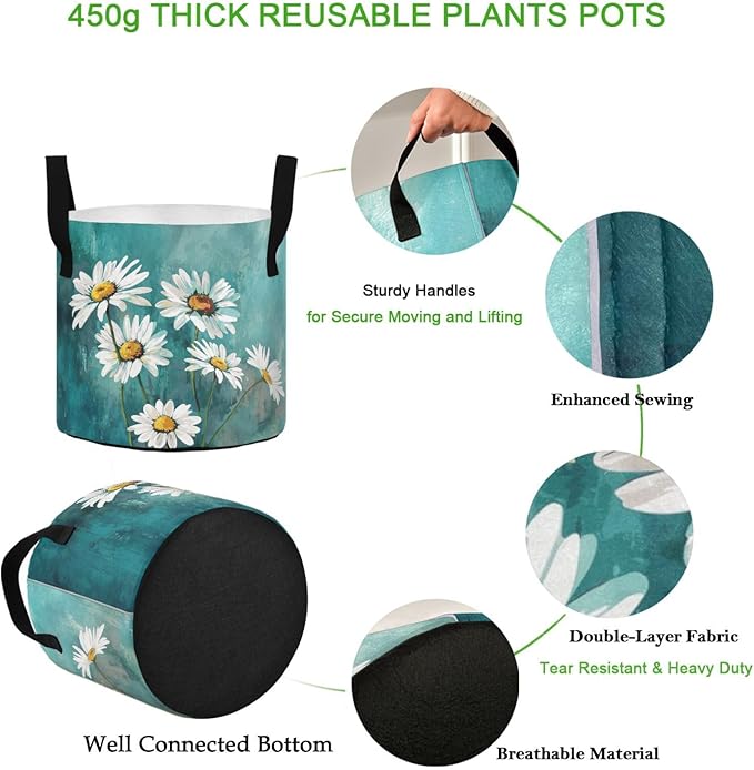 10 Gallon Art White Daisy Flowers Turquoise Grow Bag Heavy Duty Thickened Plant Pot Containers with Handles for Potato Tomato Flowers Fruits Vegetables