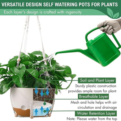 10 Inch Hanging Planters for Indoor Plants,Set of 2 Hanging Pots for Plants with Self-Watering, Outdoor Hanging Plant Pot with Drainage and 2 Kinds of Baskets Hangers for Home Decor and Garden