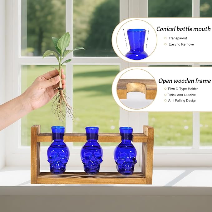 Plant Propagation Stations Hydroponics Halloween Decorations Skull Planter Vase Skulls Home Decor with Wooden Stand Gift(Blue)
