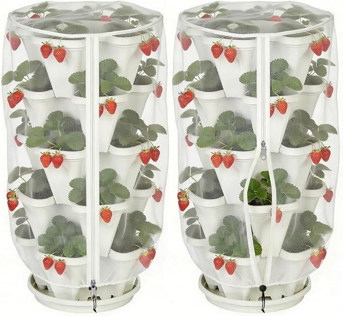 2 Pcs Vertical Plant Pot Insect Netting with Zipper, 39" x 20" Stackable Planter Garden Net Cover, 5 Tier Planter Pot Insect Bird Barrier Protection Mesh for Strawberry Herb Flower Fruit Vegetable