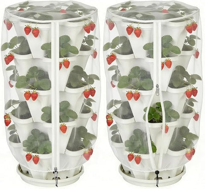 2 Pcs Vertical Plant Pot Insect Netting with Zipper, 39" x 20" Stackable Planter Garden Net Cover, 5 Tier Planter Pot Insect Bird Barrier Protection Mesh for Strawberry Herb Flower Fruit Vegetable