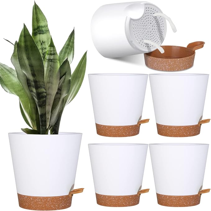 5 Pack Self Watering Plant Pots, 6 inch Plastic Plant Pots Set Bottom Watering Planters With Absorbent Rope & Saucer, Self Watering for Indoor Plants Minimalist Decor Outdoor Garden Flower. (White)