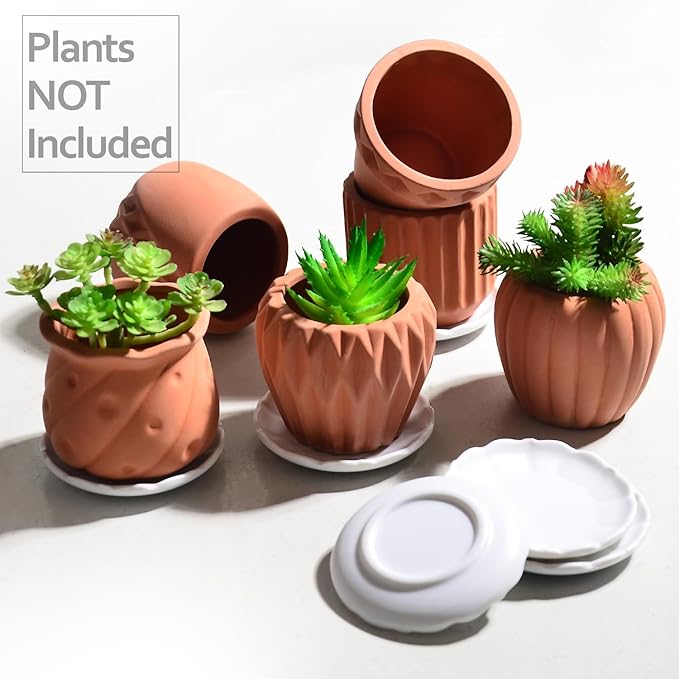 B SEPOR Ceramic Planters Handmade Mini Clay Flower Pot for Small Indoor Plant Succulent Cactus with Melamine Saucer Tray (Terracotta)