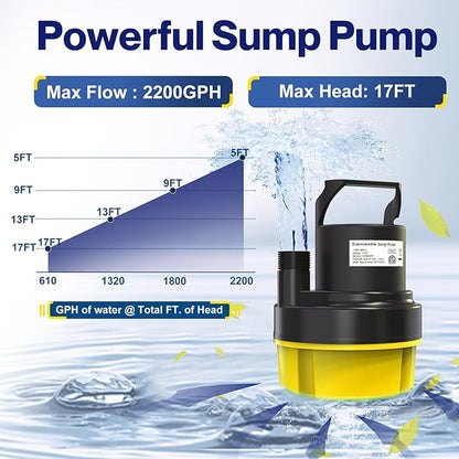 AgiiMan 1/2HP Submersible Water Pump, 2200GPH Portable Sump Pump for Pool Draining, Pool Cover Pump with 25FT Power Cord for Basements, Pool, Fountains, Hot Tub, Garden, Yellow