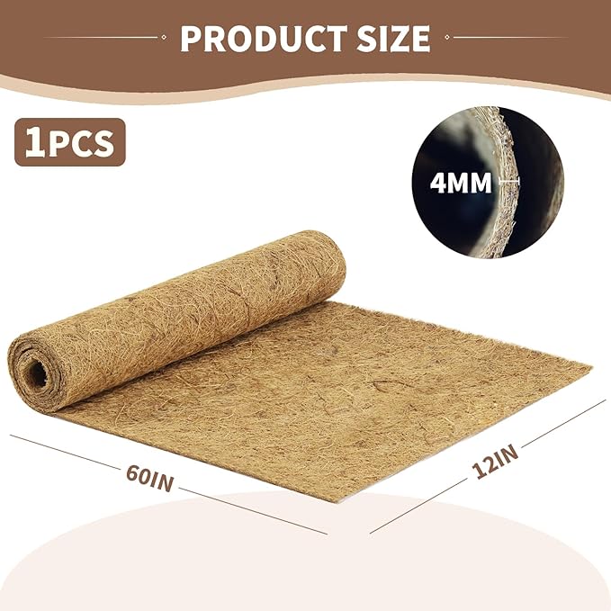 12X60 Inch Natural Coco Liner Roll, Coco Liners for Planters for Window Box Flower Basket, Coconut Coir Liner Sheets Mats for Hanging Basket, Animal Pet Pad, Garden Decoration