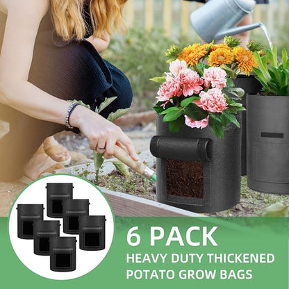 LITLANDSTAR 6 Pack 7 Gallon Potato Grow Bags, Heavy Duty Nonwoven Fabric Garden Planting Bag Plant Container with Flap and Handles, Aeration Fabric Pots for Growing Vegetable, Fruits and Flowers
