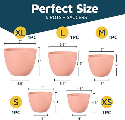 Planter Pots with Drainage Holes - Lightweight, Durable, and Space-Saving Pots for Indoor and Outdoor - Versatile Functionality, Simple Modern Design, Set of 5 Plastic Planter Pots - Pink