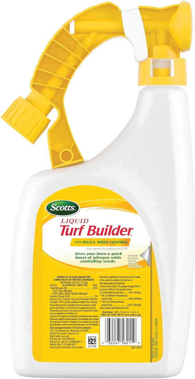 Scotts Liquid Turf Builder with Plus 2 Weed Control - Liquid Weed Killer and Fertilizer, 32 fl. oz. (2-Pack)