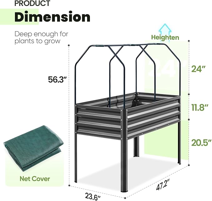 KING BIRD Large Raised Garden Bed with Netting Galvanized Elevated Planter Box with Legs 48×24×56 in for Backyard, Patio, Balcony, 400lb Capacity, Dark Grey