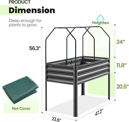 KING BIRD Large Raised Garden Bed with Netting Galvanized Elevated Planter Box with Legs 48×24×56 in for Backyard, Patio, Balcony, 400lb Capacity, Dark Grey