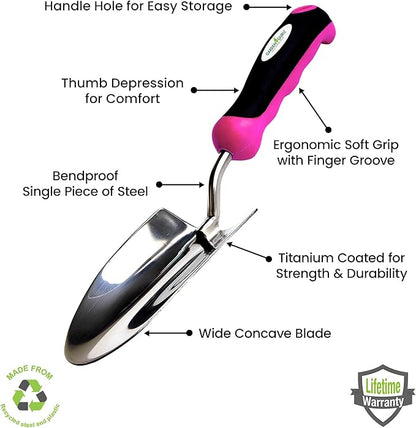 Garden Guru Super Strong Garden Trowel Hand Shovel - Stainless Steel - Rust Resistant - Ergonomic Grip - Perfect Tool for Gardening, Weeding, Transplanting and Digging in Garden Beds (Pink 4 Pack)
