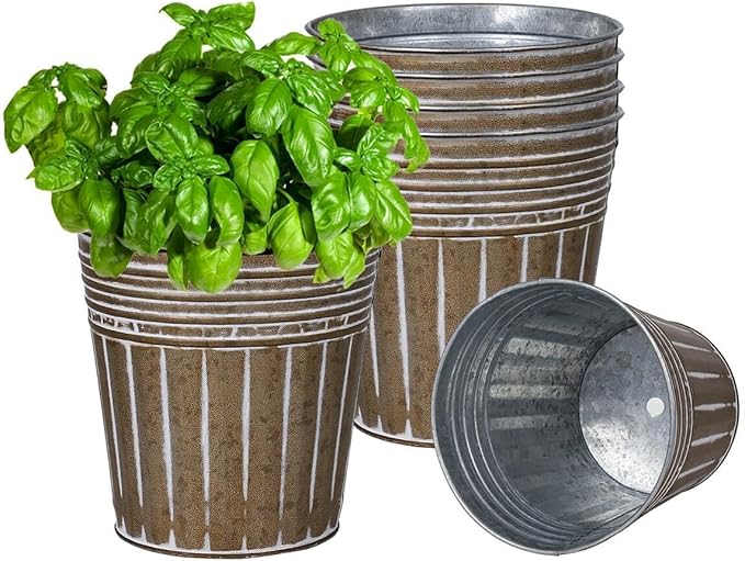 6 Inch Brown Metal Rustic Flower Pots - 6Pcs Galvanized Planters with Drainage Hole and Rubber Plug, Rustproof Small Metal Bucket Plant Pots Farmhouse Vintage Style for Decor