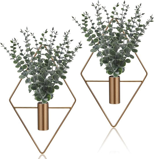Jexine 4 Pcs Hanging Planters with Artificial Eucalyptus Metal Hanging Vase Indoor Plants Holder Modern Geometric Boho Bathroom Wall Decor for Living Room Home Office (Eucalyptus,Bronze)