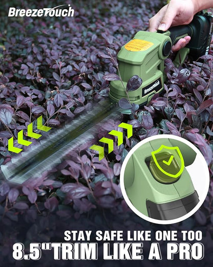 Breeze Touch 21v Cordless Hedge Trimmer, Electric Bush Shear & 2 Blades Grass Tool with 1.5ah Battery and Fast Charger, Light Weight Handheld Solution for Lawn and Garden Care