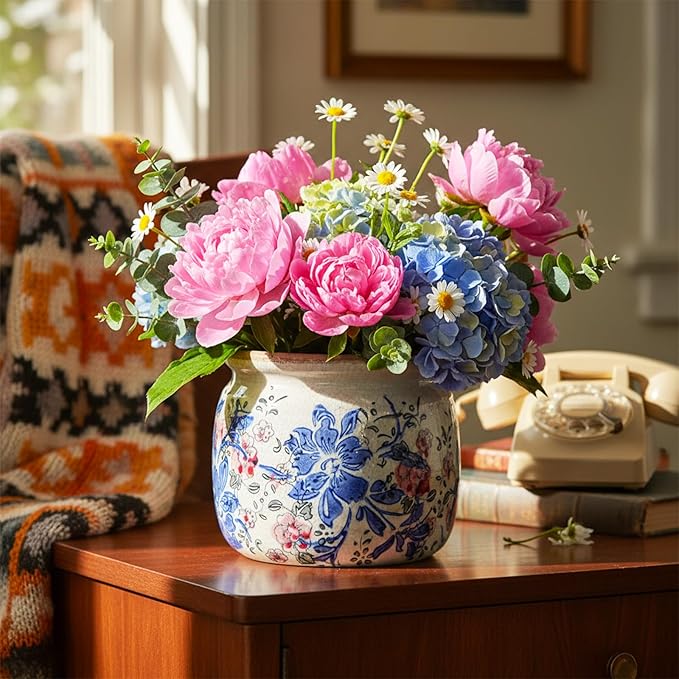Vintage Planter Large Ceramic Plants Pot Blue Red Peony Ice Crack Cottage Scroll Vase Flower Vase Pot Indoor Plants Home Kitchen Decor Farmhouse Antique Decorative Gifts