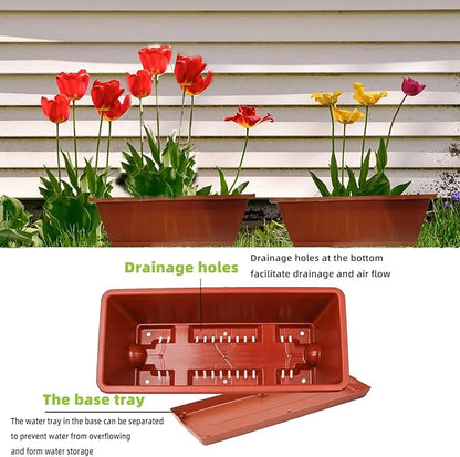 Sohapy 7 Pack Window Box Planter, 17 Inches Plastic Flower Vegetable Planters Boxes with Drainage Holes and Trays Rectangular Flower Pots for Indoor Outdoor Garden, Patio, Home Decor (7, Brick RED)