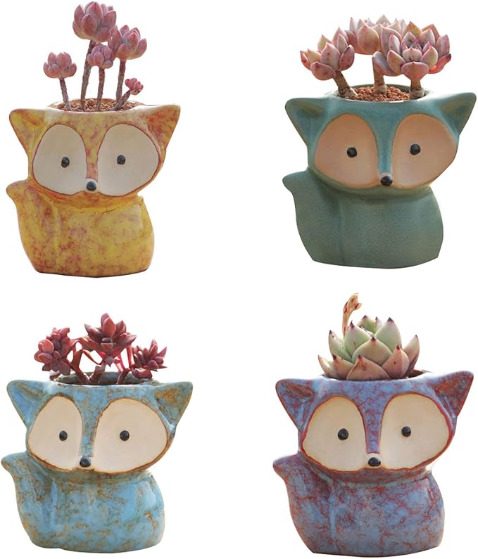 4 Pack Cute Fox Shape Ceramic Succulent Plant Pots Cactus Plant Pot Flower Pot with A Hole for Home & Office Decor