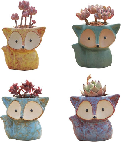 4 Pack Cute Fox Shape Ceramic Succulent Plant Pots Cactus Plant Pot Flower Pot with A Hole for Home & Office Decor