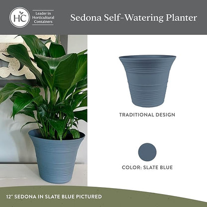 The HC Companies 12 Inch Sedona Round Self Watering Planter Pots, Lightweight UV-Resistant Plastic Indoor & Outdoor Planters, 2-Pack Flower Pots for Garden & Home Decor, Slate Blue