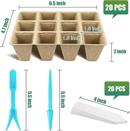 20 Pack Peat Pots, 240 Cells Biodegradable Seedling Starter Trays, Peat Pots for seedlings, Seed Starter Kit for Planting Seeds with 20 Plant Labels for Indoor Outdoor Garden