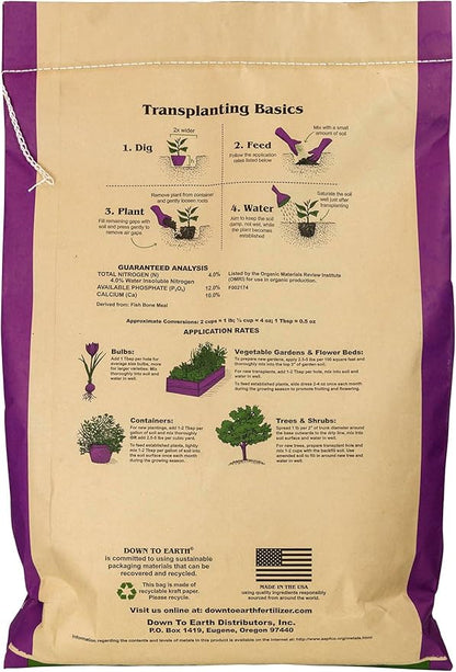 Down To Earth All Natural Fertilizers Organic Fish Bone Meal - High Phosphorus Plant Food for Buds, Bulbs, Blooms, Flower Beds 4-12-0, 25 lb