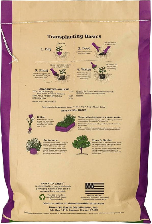 Down To Earth All Natural Fertilizers Organic Fish Bone Meal - High Phosphorus Plant Food for Buds, Bulbs, Blooms, Flower Beds 4-12-0, 25 lb
