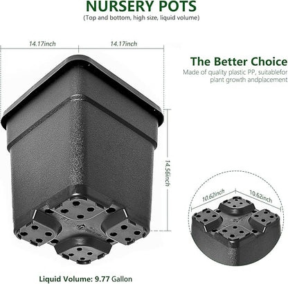 5-Pack 9.77 Gallon Square Planter Nursery Pots, Flower Plant Container Injection Molded Plastic Nursery Pot Gardening Pots for Indoor Outdoor Vegetables, Succulents, Black