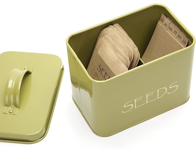 Katai Steel Seed Storage Box Organiser in Green. Compact Seed Packet Container with Lid Complete with Monthly Dividers, 20 Envelopes and Pencil