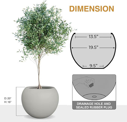 16"H x 20"D Globo Fiberstone Round Planter with Drainage Hole, Smooth Finishes, Weather Resistant for Indoor and Outdoor Use, Included 2 Extra Coco Mats (Light French Gray, 13.5 Pot Opening)