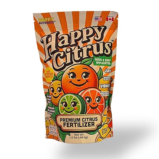 Citrus Fertilizer by Happy Nutrients - High Nitrogen Citrus Tree & Plant Fertilizer with Iron - Nutrient Support for Juicy, Flavorful Citrus - 1.5 lbs for Indoor/Outdoor Citrus Trees & Fruit Plants