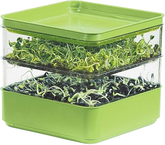 GARDENS ALIVE! Seed Sprouter Kit, Two Tier Stackable Seedling Starter Tray with Lid, Microgreens Propagator Mini Plant Grow Trays, Germinate Seeds Indoors, Healthy Snacks, Bean Sprouts, Soil Free