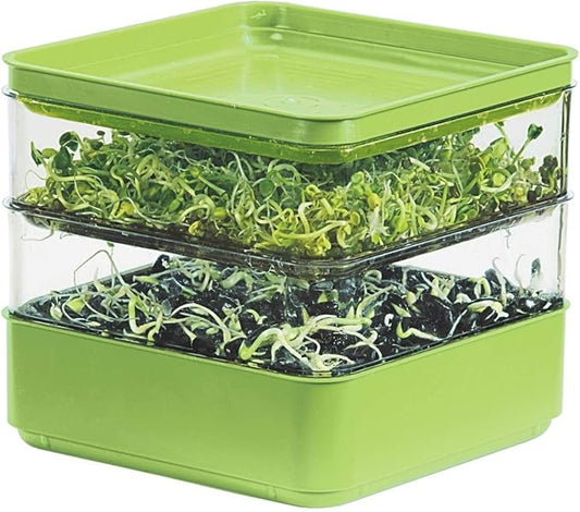 GARDENS ALIVE! Seed Sprouter Kit, Two Tier Stackable Seedling Starter Tray with Lid, Microgreens Propagator Mini Plant Grow Trays, Germinate Seeds Indoors, Healthy Snacks, Bean Sprouts, Soil Free