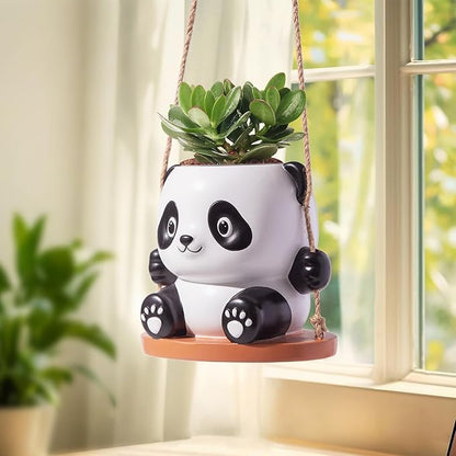 Swing Panda Hanging Planters for Indoor Plants, Cute Succulent Pots with Drainage Hole, Small Hanging Flower Pots Outdoor, Panda Gifts for Plant Lovers (Boy-White)