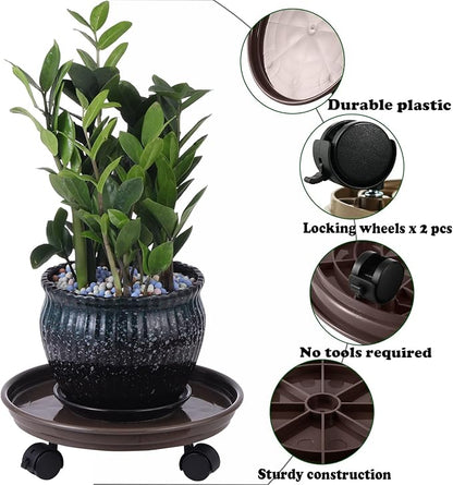 4 Packs Plant Caddy with Wheels 11.8" Plastic Rolling Plant Stands Heavy-Duty Plant Dolly with Casters Indoor Outdoor Plant Roller Base Large Saucer Tray Mover Coaster, Brown
