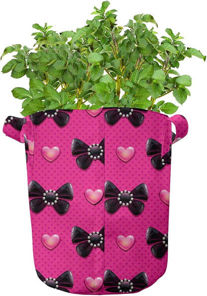Ambesonne Pearls Grow Bags 5-Pack, Bow Ties with Hearts, Heavyduty Fabric Pots with Handles for Plants, Pink Black