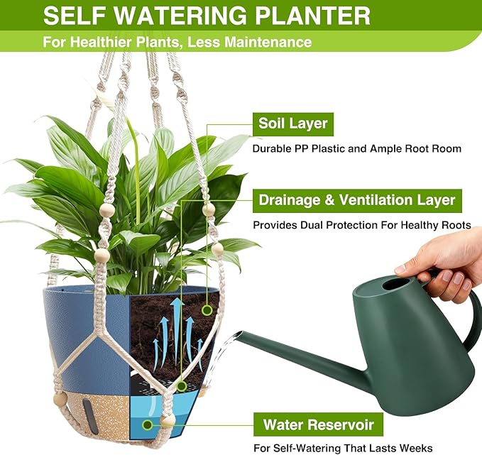 Set of 2 Hanging Planters for Indoor Plants with Self Watering Includes Hanging Pots and 2 Types Plant Hangers, Outdoor Hanging Baskets Holder for Home Garden, 10 Inch Aegean Blue