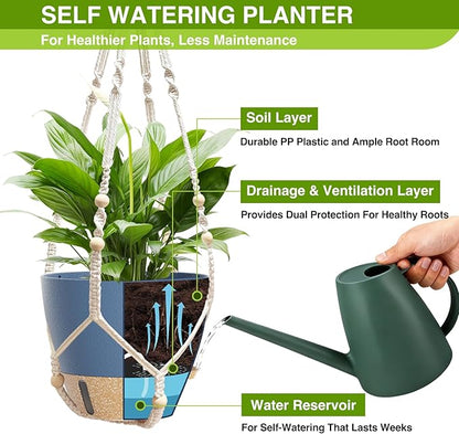 Set of 2 Hanging Planters for Indoor Plants with Self Watering Includes Hanging Pots and 2 Types Plant Hangers, Outdoor Hanging Baskets Holder for Home Garden, 10 Inch Aegean Blue