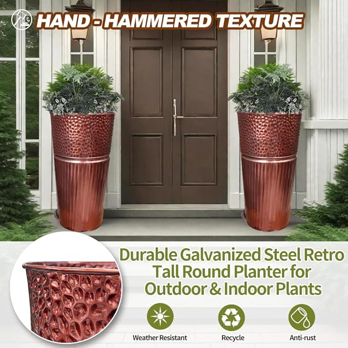 2 Pcs Pack Metal Tall Tapered Planter Pots Large Round Planter Flower Pot with Drainage Holes for Indoor Outdoor Deck Porch Garden Home Patio Front Door (Glossy Copper, Small)