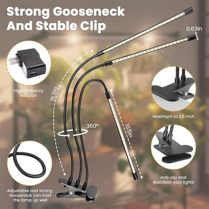 bseah Grow Light for Indoor Plants, Full Spectrum Plant Grow Lamp with 3/9/12H Timer, ON & Off, Clip-On Desk for Seed Starting 2 Pack