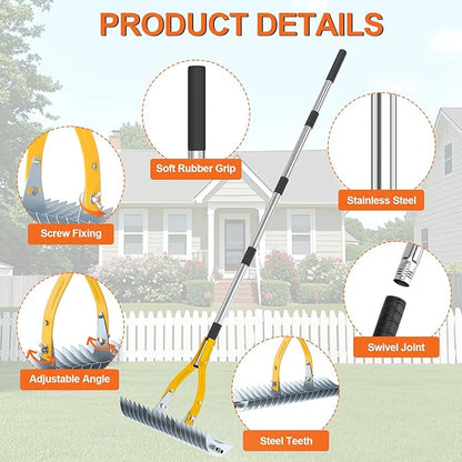 TOOVEM Thatch Rake, 15-inch Lawn Thatching Rake with Heavy Duty Steel Tines & Ergonomic Handle, 70-Inch Professional Dethatching Rakes for Effective Lawn Care, Garden & Yard Tool