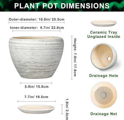 Ceramic Plant Pots Indoor - 10 Inch Planter with Drainage Hole and Saucer, Modern Planters for Indoor Outdoor Plants, Large Flower Pots, Bedroom Decor, Gardening Gifts, Textured Grey