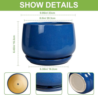 G EPGardening Ceramic Pots for Plants, 9 Inch Modern Round Planter with Drainage and Tray Indoor Outdoor for Flower, Patio Decor, Housewarming Gifts, Blue