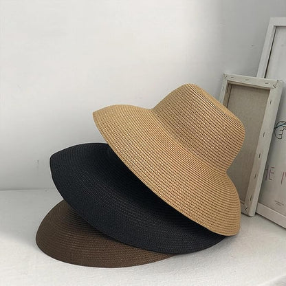 Wide-Brim Classic Elegant Style Foldable Straw Hat Women's Retro UV Resistant Sun Hats for Outdoor, Beach and Travel