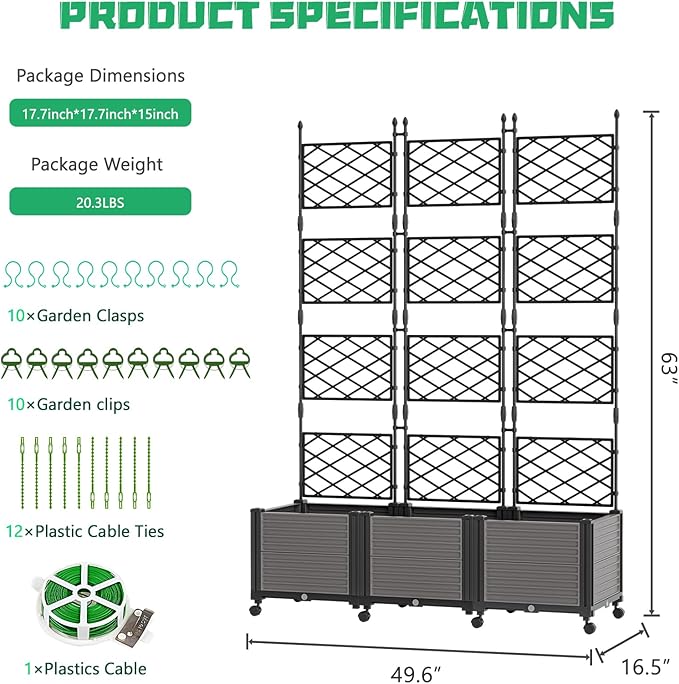 DoCred 63" H Raised Garden Bed Planter Box with Trellis, Floorstanding Vertical Horticulture Planter Box Tomato Cage with Wheels for Vine Climbing Plants, Flowers, Herbs
