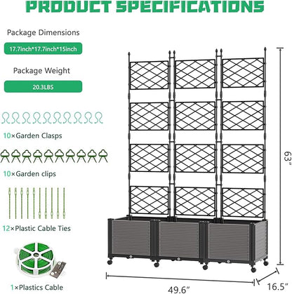 DoCred 63" H Raised Garden Bed Planter Box with Trellis, Floorstanding Vertical Horticulture Planter Box Tomato Cage with Wheels for Vine Climbing Plants, Flowers, Herbs