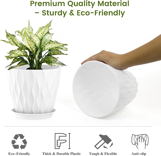 8 Inch Plant Pots, 4 Pack Plastic Planters for Indoor Outdoor with Drainage Holes & Saucers, Waffle Texture Flower Pots for Indoor Plants, Indoor Plant Pots for Monstera, Fiddle Leaf Fig, White