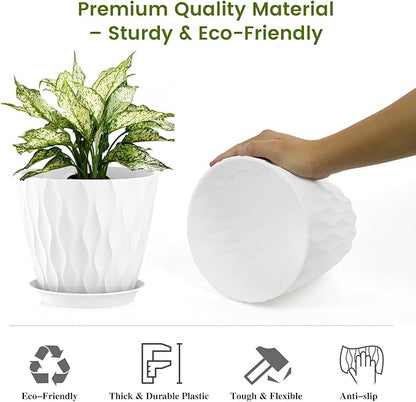 8 Inch Plant Pots, 4 Pack Plastic Planters for Indoor Outdoor with Drainage Holes & Saucers, Waffle Texture Flower Pots for Indoor Plants, Indoor Plant Pots for Monstera, Fiddle Leaf Fig, White